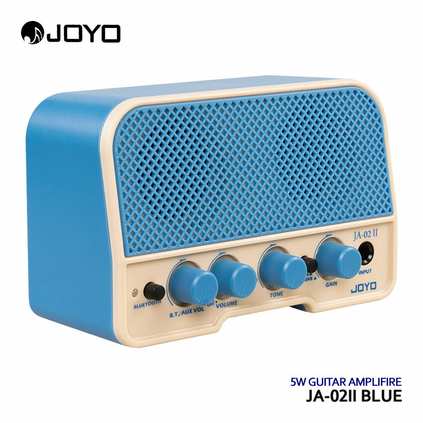 JOYOのコンパクトギターアンプ「JA-02 II」です。 レトロなデザインがおしゃれなBluetooth搭載の5W充電式アンプ。コンパクトなサイズながらも、スピーカーを二基搭載し、広がりのあるサウンドを実現しています。Clean/Overdrive切り替えスイッチを搭載し、歪みサウンドでのプレイも可能です。 【主な仕様】 ■ブランド：JOYO ■機種：JA-02 II ■色：ブルー ■タイプ：ギターアンプ ■出力：5W ■電源：5V DC、1A（内蔵電池：3.7V リチウムポリマーバッテリー 2000mA） ■外形寸法：147mm（W）×95mm（H）×75mm（D） ■重量：330g ■付属品：USB Type C 充電用ケーブル ※製品の仕様及びデザインは改良のため予告なく変更することがあります。 ※店頭及び他のショッピングサイトでも販売を致しておりますので、ご注文頂くタイミングによっては売り切れの場合がございます。ご注文時に売り切れの場合は、お取り寄せにお時間を頂くこととなります。予めご了承下さい。JOYO Bluetooth搭載充電式ミニアンプ JA-02 II BLUE ブルートゥース搭載5Wギターアンプ JOYOのコンパクトギターアンプ「JA-02 II」です。 レトロなデザインがおしゃれなBluetooth搭載の5W充電式アンプ。コンパクトなサイズながらも、スピーカーを二基搭載し、広がりのあるサウンドを実現しています。Clean/Overdrive切り替えスイッチを搭載し、歪みサウンドでのプレイも可能です。 Bluetooth搭載なので、スマートフォンやプレイヤーから音源再生が可能。USB TypeCで充電可能な充電式なので、エコで持ち運びに便利なコンパクトアンプです。 また、夜間練習や宅禄に便利なヘッドホンアウトも搭載。ヘッドホンジャックにヘッドホンを接続すると、スピーカーからの音は出なくなるので、夜間でも周りを気にせず練習することが出来ます。 【主な仕様】 ブランド JOYO 機種名 JA-02 II 色 BLUE（ブルー） タイプ ギターアンプ 出力 5W コントロール B.T./AUX VOL、VOLUME、TONE、CLEAN/OVERDRIVE SWITCH、GAIN 接続端子 INPUT、AUX IN、HEADPHONE、DC IN（USB-C） 電源 5V DC、1A（内蔵電池：3.7V リチウムポリマーバッテリー 2000mA） 満充電時間 2～2.5時間 演奏可能時間 2.5～3.5時間 電源 5V DC、1A（内蔵電池：3.7V リチウムポリマーバッテリー 2000mA） 外形寸法 147mm（W）×95mm（H）×75mm（D） 重量 330g 付属品 USB Type C 充電用ケーブル ※製品の仕様及びデザインは改良のため予告なく変更することがあります。 ※ディスプレイの設定などにより色調が実物と異なる場合がございますが、ご購入後に思った色と違うなどでのキャンセルはご遠慮下さい。 ※店頭及び他のショッピングサイトでも販売を致しておりますので、ご注文頂くタイミングによっては売り切れの場合がございます。ご注文時に万一売り切れとなっておりました際は、誠に申し訳ございませんがご容赦くださいませ。