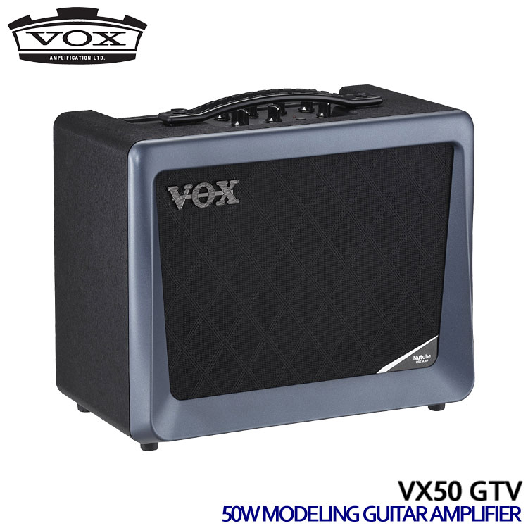 VOXのモデリングギターアンプ「VX50 GTV」です。規格外と言える超軽量設計、最良のサウンドのために計算し尽くされた内部構造、モデリングテクノロジーによるリアルかつ即戦力サウンド、そして新世代真空管Nutubeを搭載し、ギターアンプの再発明といえる先鋭的な仕様を数多く施されています。従来のギターアンプの概念を覆す「VX50 GTV」は、シーンを選ばずギター演奏を楽しむことが可能です。 【主な仕様】 ■ブランド：VOX ■機種：VX50-GTV ■タイプ：ギターアンプ ■出力：最大約50W RMS ■真空管：Nutube 6P1 ■スピーカー：8''×1 ■電源：ACアダプター（付属） ■外形寸法：354（W)×208（D）×313（H）mm ■質量：4.1kg ※製品の仕様及びデザインは改良のため予告なく変更することがあります。 ※店頭及び他のショッピングサイトでも販売を致しておりますので、ご注文頂くタイミングによっては売り切れの場合がございます。ご注文時に売り切れの場合は、お取り寄せにお時間を頂くこととなります。予めご了承下さい。VOXのモデリングギターアンプ「VX50 GTV」です。 ギターアンプの新たな可能性を広げる意欲作規格外と言える超軽量設計、最良のサウンドのために計算し尽くされた内部構造、モデリングテクノロジーによるリアルかつ即戦力サウンド、そして新世代真空管Nutubeを搭載し、ギターアンプの再発明といえる先鋭的な仕様を数多く施されています。従来のギターアンプの概念を覆す「VX50 GTV」は、シーンを選ばずギター演奏を楽しむことが可能です。 さらに磨きのかかったアンプモデルは全部で11種 長きに渡り、モデリングアンプを開発してきたVOXだからこそ到達した最高峰のサウンドを実現。かつてないリアルさを可能にした独自のVET（Virtual Element Technology）技術は、聴感上だけでなく、オリジナル回路そのものを見直し、サウンドに影響を与えるパーツ単位にいたるまで緻密にモデリング。往年のAC30はもちろん、代表的なチューブアンプ、近代的なハイゲイン、入手困難なブティック等、この一台で多種多様のサウンドを網羅しています。新たにLINEタイプも搭載し、エレクトリックギターだけでなく、アコースティックギターにも対応し、さらに活躍の場を広げます。 - アンプモデル - DELUXE CL、BOUTIQUE CL、BOUTIQUE OD、VOX AC30、VOX AC30TB、BRIT 1959、BRIT 800、BRIT VM、SL-0D、DOUBLE REC、LINE 充実のエフェクトタイプは8種類 サウンドを作り込む上で、必要不可欠なエフェクトタイプも充実。モジュレーションとディレイ/リバーブの2系統を同時に使用でき、各4タイプ、計8種ものバリエーションを用意。トータル的にギターサウンドを作り込むことが可能です。タップボタンも装備していますので、ディレイタイム等、感覚的に設定することができます。 - エフェクトタイプ - MODULATION（CHORUS、FRANGER、ORG PHASE、TWIN TREM）、DELAY/REVERB（A.DELAY、TAPE ECHO、SPRING、HALL） 超軽量のABS製密閉ボディ、バスレフ構造等、音響特性に優れた内部構造 ギターアンプとしては規格外と言える超軽量設計を実現した本機は、単に軽いだけではありません。音響特性に優れたABS製密閉ボディにより、不要な振動を抑え、サウンドロスを無くし、効率よくギターサウンドを鳴らすことができます。また、バスレフ構造により低音もしっかりとカバー。小型アンプにありがちなパワー不足は一切感じさせません。 Nutube搭載！さらに活躍の場を広げる 新世代真空管Nutubeを搭載。従来の真空管と同じ構造を持つ蛍光表示管の技術を応用したNutubeは、VOXをはじめ様々な製品にも搭載されています。真空管ならではの歪みやコンプレッション感、そしてレスポンスや弾き心地にいたるまで、まさに真空管のフレーバーをパーフェクトに感じられます。従来の真空管アンプではなし得なかった軽量設計に加え、メンテナンスフリー、抜群のコストパフォーマンス等、Nutubeだからこそ成し得た仕様と言えます。 USBオーディオインターフェイス搭載 USBオーディオインターフェイス機能を搭載しており、USB経由によりPCなどに直接Nutubeサウンドをレコーディングすることが可能。演奏を楽しむだけでなく、DTM環境との親和性も高いアンプとして高いポテンシャルを誇ります。 エディター/ライブラリアンソフト「Tone Room」で利便性も一気に向上 エディター/ライブラリアンソフト「Tone Room」を用意。本体にはないパラメータによるサウンドメイクやライブラリーとしても機能。Mac/Windowsはもちろん、iOS/Androidにも対応し、USB経由で簡単にアクセスできます。また、モデリングソフトウェア「JamVOX III」もバンドルしていますので手軽にPC上でギタープレイを楽しむことができます。 チューナー等、サポート機能も充実 チューナーはもちろん、全方位的にギタリストをサポートする機能も盛り込んでいます。外部音源を鳴らしながらセッションプレイが楽しめるAUXイン、自宅練習時にも重宝するキャビネットシミュレーターを搭載したヘッドホン兼ラインアウト、即戦力サウンドが瞬時に呼び出せるプリセットモード、従来のアンプ同様、物理的なツマミの位置が反映されるマニュアルモードも搭載しています。 ブランド VOX 機種 VX50-GTV タイプ ギターアンプ 定格出力 最大約50W RMS@4Ω 真空管 Nutube 6P1 アンプモデル数 11（10＋LINE） アンプモデル DELUXE CL、BOUTIQUE CL、BOUTIQUE OD、VOX AC30、VOX AC30TB、BRIT 1959、BRIT 800、BRIT VM、SL-0D、DOUBLE REC、LINE エフェクト数 8 エフェクト MODULATION（CHORUS、FRANGER、ORG PHASE、TWIN TREM）、DELAY/REVERB（A.DELAY、TAPE ECHO、SPRING、HALL） プリセットプログラム数 11 ユーザープログラム数 2 接続端子 INPUT、HEADPHONE OUT、、AUX IN、FOOT SW、USB（Type B） スピーカー 8''（20cm）×1 信号処理 A/D変換24bit、D/A変換24bit サンプリング周波数 44.1kHz 電源 ACアダプター（付属） 消費電流 3.42A 外形寸法 354（W)×208（D）×313（H）mm 重量 4.1kg 付属品 ACアダプター（DC19V）、JamVOX IIIダウンロードカード ※製品の仕様及びデザインは改良のため予告なく変更することがあります。また、ディスプレイの設定などにより色調が実物と異なる場合がございますが、ご購入後に思った色と違うなどでのキャンセルはご遠慮下さい。