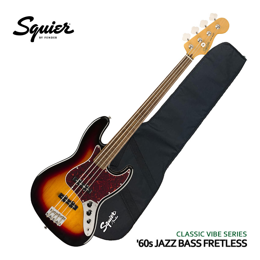 Squier by Fenserのエレキベース「Classic Vibe '60s Jazz Bass Fretless」です。 誕生から10周年を迎えて登場したClassic Vibe ‘60s Jazz Bassのフレットレスモデル。優れたプレイアビリティに、二重設計のアルニコシングルコイルピックアップを搭載。用途が広く、ダイナミックなトーンを備えています。 【主な仕様】 ■ブランド：Squier ■機種：Classic Vibe '60s Jazz Bass Fretless ■色：3-Color Sunburst（スリートーンサンバースト） ■ボディ：Poplar ■ネック：Maple ■指板：Indian Laurel ■ピックアップ： Fender Designed Alnico Single-Coil×2 ■付属品：Gigbag ※製品の仕様及びデザインは改良のため予告なく変更することがあります。 ※本商品は海外生産の商品になります。出荷前に音出し検品などをさせて頂いた商品を発送させて頂いておりますので安心してご使用頂けますが、塗装面や細かい仕上げなどが粗い場合が御座います。予めご了承下さい。 ※ディスプレイの設定などにより色調が実物と異なる場合がございます。また、木材ですので木目は1本1本異なります。色調や木目の状態による返品、交換はお受け致しておりません。何卒ご了承下さい。Squier エレキベース Classic Vibe '60s Jazz Bass Fretless 3TS ジャズベース フレットレス スクワイヤー クラシックヴァイブ スクワイア by フェンダー Squier by Fenserのエレキベース「Classic Vibe '60s Jazz Bass Fretless」です。 誕生から10周年を迎えて登場したClassic Vibe ‘60s Jazz Bassのフレットレスモデル。優れたプレイアビリティに、二重設計のアルニコシングルコイルピックアップを搭載。用途が広く、ダイナミックなトーンを備えています。 滑らかで快適な9.5インチラジアスの指板にプロファイルされたネック形状は、スリムで快適なC型タイプを採用。ブリッジは、スレッドサドル付きのヴィンテージスタイルです。 このクラシックなSquierモデルは、60年代のヘッドストックデカール、ニッケルメッキのハードウェア、伝統的で滑らかな、ヴィンテージ色の光沢あるネック仕上げが特徴のオーセンティックなモデルです。 お手頃なフレットレスベースをお探しの方や、これからフレットレスベースにチャレンジされる方にもおすすめのモデルです。 - 本商品の特徴 - 持ったときのバランスが良く、クリアで芯のあるサウンドが特徴のジャズベースタイプ。オールマイティーなサウンドキャラクターに加え、2つのピックアップのボリュームバランス次第で太くて甘いサウンドからシャープで切れの良いサウンドまで幅広いサウンドメイクが可能です。 - Classic Vibe Series - Squier by Fenderブランドのフラッグシップ・シリーズ。ヴィンテージライクなクラシックスタイルを基本スペックに捉えつつ、旗艦シリーズゆえのハイクオリティと、Fender直系ならではの本格派スペックを採用。サウンドも文句なしのトップエンドラインナップ。 【主な仕様】 ブランド Squier 機種名 Classic Vibe '60s Jazz Bass Fretless 色 3-Color Sunburst（スリートーンサンバースト） ボディ ポプラ ネック メイプル 指板 ローレル フレット数 20F スケール 34''（864mm） ナット幅 1.5''（38.1mm） ピックアップ Fender Designed Alnico Single-Coil コントロール フロントボリューム、リアボリューム、マスタートーン 付属品 ギグバッグ ※本商品は海外生産の商品になります。当店では、出荷前に実際に音を出して検品させて頂いた商品を発送させて頂いておりますので安心してご使用頂けますが、製造過程での加工や塗装面など全体的に仕上げが粗い部分がある場合がございます。予めご了承下さい。 ※製品の仕様及びデザインは改良のため予告なく変更することがあります。 ※ディスプレイの設定などにより色調が実物と異なる場合がございますが、ご購入後に思った色と違うなどでのキャンセルはご遠慮下さい。また、木材ですので木目は1本1本異なります。木目の状態による返品、交換はお受け致しておりません。何卒ご了承下さい。 ※店頭及び他のショッピングサイトでも販売を致しておりますので、ご注文頂くタイミングによっては売り切れの場合がございます。ご注文時に万一売り切れとなっておりました際は、誠に申し訳ございませんがご容赦くださいませ。