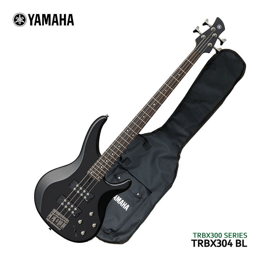 YAMAHAのエレキベース「TRBX304」です。 5段階の「パフォーマンスEQスイッチ」により、様々な奏法に最適なトーンセッティングを瞬時に切り替え可能。スリムなネック形状、立体的にカットされたボディが抜群の演奏性を誇り、プレイヤーの表現力にストレートに応えるモデルです。 【主な仕様】 ■ブランド：YAMAHA ■機種：TRBX304 ■色：Black（ブラック） ■ボディ：Mahogany ■ネック：Maple+Mahogany 5-Piece ■指板：Rosewood ■フレット数：24F ■スケール：863.6mm ■ピックアップ： M3 Double Coil/Ceramic×2 ■コントロール：Volume、Balancer、Treble、Bass、Performance EQ Switch ■付属品：ソフトケース ※製品の仕様及びデザインは改良のため予告なく変更することがあります。 ※ディスプレイの設定などにより色調が実物と異なる場合がございますが、ご購入後に思った色と違うなどでのキャンセルはご遠慮下さい。また、木材ですので木目は1本1本異なります。木目の状態による返品、交換はお受け致しておりません。何卒ご了承下さい。YAMAHA エレキベース TRBX304 BL ブラック ヤマハ TRBX300 Series YAMAHAのエレキベース「TRBX304」です。 5段階の「パフォーマンスEQスイッチ」により、様々な奏法に最適なトーンセッティングを瞬時に切り替え可能。スリムなネック形状、立体的にカットされたボディが抜群の演奏性を誇り、プレイヤーの表現力にストレートに応えるモデルです。 ボディ材には、豊富な低中音域を持ち、ウォームで粘りのあるサウンドが特徴のマホガニー材を採用。全面に施された立体的なカットが、優れた演奏性と軽量化を実現しています。ネックには、反りやねじれに強いメイプル/マホガニーの5ピースラミネート構造を採用。ヤマハベースの中で最もスリムなネックシェイプは、抜群のフィット感でスムーズなフィンガリングを可能にするだけでなく、優れた耐久性も実現しました。ナット幅は、小さい手の人でも握りやすくどんなプレイスタイルにも対応する38mmです。 音を拾うマイク的な役割のピックアップには、ラージポールピースとセラミックマグネットを採用した高出力設計。ハムキャンセル機能の採用で、パワフルなサウンドながらノイズが少ない仕様。フィンガーレスト付きピックアップカバーで演奏性も抜群です。また、パフォーマンスEQ機能を装備し、レバースイッチにより、奏法ごとに最適なEQセッティングを切り替え可能。さらにベースとトレブルの2バンドアクティブEQで緻密なサウンドメイクが可能です。 ※アクティブサーキットは9V電池×1で駆動します。本体にケーブルを挿した状態で電源が入ります。電池が切れた場合は音が出なくなりますので、使用していない時は本体からケーブルを抜いておいて下さい。 ブリッジは、ダイキャストプレートにスティールサドルを採用。弦振動を無駄なくボディに伝達するだけでなく、ベース弦の張力を強固に支える耐久性を実現。弦間ピッチを19mmに設定することにより、スラップ、ピッキング等の様々な奏法において高い演奏性を発揮します。 - TRBX Series - スリムなネックシェイプ＆立体的にカットされたボディが優れた演奏性を実現。ピックアップ＆サーキットは、パワフルな低音から繊細なトーンまでバリエーション豊かなサウンドをプロデュース。ステージでも、イマジネーションを素早くサウンドに昇華する強力なシリーズです。 ※本商品は海外生産の商品になります。当店では、出荷前に傷のチェックや音出し検品をさせて頂いた商品を発送させて頂いておりますので安心してご使用頂けますが、塗装面や細かい仕上げなどが粗い場合が御座います。予めご了承下さい。 【主な仕様】 ブランド YAMAHA 機種名 TRBX304 色 Black（ブラック） ボディ Mahogany ネック Maple+Mahogany 5-Piece 指板 Rosewood スケール 863.6mm（34''） フレット数 24F ナット幅 38mm ピックアップ M3 Double Coil/Ceramic×2 コントロール Volume、Balancer、Treble、Bass、5-Position Lever Switch for Performance EQ ブリッジ Die-cast 付属品 Softcase ※製品の仕様及びデザインは改良のため予告なく変更することがあります。 ※ディスプレイの設定などにより色調が実物と異なる場合がございますが、ご購入後に思った色と違うなどでのキャンセルはご遠慮下さい。また、木材ですので木目は1本1本異なります。木目の状態による返品、交換はお受け致しておりません。何卒ご了承下さい。 ※店頭及び他のショッピングサイトでも販売を致しておりますので、ご注文頂くタイミングによっては売り切れの場合がございます。ご注文時に売り切れの場合は、お取り寄せにお時間を頂くこととなります。予めご了承下さい。
