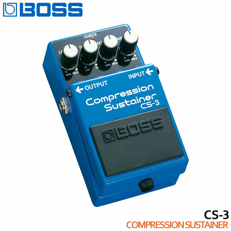BOSSのコンプレッションサスティナー「CS-3」です。過大な入力信号を圧縮し、小入力を増幅することにより、音を歪ませずにサスティン（持続）効果が得られるコンプレッサー。粒立ちのよいカッティング・プレイやメローなギター・ソロなどに効果的。徹底したロー・ノイズ設計、音のこもりを解消するトーン・コントロールを搭載。 【主な仕様】 ■ブランド：BOSS ■機種：CS-3 Compression Sustainer ■タイプ：ダイナミクス系 ■電源：DC 9V=006P型9V電池×1、ACアダプター（別売） ■サイズ：73（W）×129（D）×59（H）mm ■質量：400g ※製品の仕様及びデザインは改良のため予告なく変更することがあります。また、パソコンやモニタの設定などにより色調が実物と異なる場合がございますが、ご購入後に思った色と違うなどでのキャンセルはご遠慮下さい。 ※店頭及び他のショッピングサイトでも販売を致しておりますので、ご注文頂くタイミングによっては売り切れの場合がございます。ご注文時に売り切れの場合は、お取り寄せにお時間を頂くこととなります。予めご了承下さい。BOSSのコンプレッションサスティナー「CS-3」です。 過大な入力信号を圧縮し、小入力を増幅することにより、音を歪ませずにサスティン（持続）効果が得られるエフェクター。粒立ちのよいカッティング・プレイやメローなギター・ソロなどに効果的です。アタック・コントロールにより、ピッキング時のアタックの強さが調節でき、歯切れの良いサウンドが思いのままに得られます。また、トーン・コントロールにより、メロウなサウンドから凝縮されたはりのあるコンプ・ニュアンスまで幅広い音作りが可能です。徹底したロー・ノイズ設計で、歪みのないクリアーなサウンドを実現しています。 【コントロール】 LEVEL：エフェクト音の音量を調整します。 TONE：エフェクト音の音色を調節します。右に回すと高音域を強調したシャープな音になり、左に回すと高音域をカットしてソフトな音になります。 ATTACK：ピッキング時のアタックの強さを調節します。右に回すと速い奏法でも1音1音にアタックがつき、歯切れの良いサウンドが作れます。 SUSTAIN：サスティン・タイム（音の延びる時間）を調節します。右に回すとサスティン・タイムが長くなります。左に回すと大入力を抑える働きだけになり、リミッター的な使い方が出来ます。 【BOSS COMPACT SERIES】 1977年発表の初代機「OD-1」以来、数多くのベストセラーや時代に即応した独創的 なニューモデルを輩出。多くのギタリストから絶大な信頼と人気を得ています。そのほか先進デジタル技術により精鋭エフェクトを搭載したマルチエフェクターや、グッドプレイをいつでもどこでも支える信頼のチューナーなど、ボスは幅広い製品ラインナップで、ビギナーからプロまでギタリストをサポートします。 ブランド BOSS 機種 CS-3 Compression Sustainer タイプ ダイナミクス系 規定入力レベル -20dBu 入力インピーダンス 1MΩ 規定出力レベル -20dBu 出力インピーダンス 1kΩ 推奨負荷インピーダンス 10kΩ以上 入力換算ノイズ -110dBu（IHF-A Weighted、Typ.) コンプレッション・レンジ 38dB コントロール LEVEL、TONE、ATTACK、SUSTAIN インジケーター チェック・インジケーター（バッテリー・チェック兼用） 接続端子 インプット・ジャック、アウトプット・ジャック、DCイン・ジャック（DC 9V） 電源 DC 9V=006P型9V電池×1、ACアダプター（別売） 消費電流 11mA（DC 9V） 連続使用時の電池の寿命 マンガン電池：約24時間 ※使用状態によって異なります。 外形寸法 73（W）×129（D）×59（H）mm 重量 400g ※製品の仕様及びデザインは改良のため予告なく変更することがあります。また、パソコンやモニタの設定などにより色調が実物と異なる場合がございますが、ご購入後に思った色と違うなどでのキャンセルはご遠慮下さい。