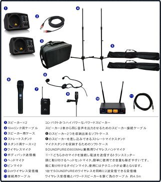 【送料無料】ベリンガー 小型・軽量スピーカー2本付き 簡易PAセット　ヘッドマイク・ピンマイク・ワイヤレスマイクセット【ラッキーシール対応】