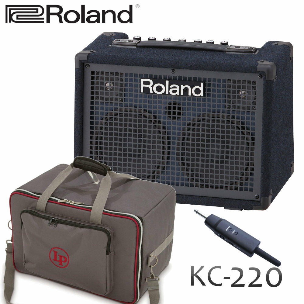 【セット内容】Roland キーボードアンプ KC-220 / Bluetoothレシーバー / 汎用ソフトケース ステレオ出力のキーボードアンプ スタッフのコメント： 【セットの特長】 実用的なケース＆Bluetoothレシーバセット。KC-220を持ち出してイベントやライブをする時に便利なセット品です。Bluetoothにも対応しており、ワイヤレスでスマートフォンの楽曲を再生することもできます。 【アンプの特長】 KC-220はスピーカーを2基搭載したステレオ出力のアンプです。キーボードアンプですが、マイク入力が付いているので簡易的なPAスピーカーとしても人気。RolandのCUBE STREET EXとの比較では、重量がある分、どっしりとしたサウンドに。ピアノ系の音源や長時間の聴講にはKC-220がオススメ。音飛びはCUBE STREET EXの方が優れているので、屋外で音を明瞭に届けたいという方にはCUBE STREET EXがオススメ。 【メーカーサイトより】 Roland KCシリーズは、圧倒的な高音質を誇るキーボード・アンプで、柔軟性の高いミキシング機能と、優れた耐久性により、20年以上にわたり世界中のキーボーディストから絶大な信頼を得ています。新KCシリーズでは、従来の高い品質基準を継承しながら、更なる音質の向上と出力アップをはかりました。ステージ上で演奏するキーボード・サウンドを、常に最高の状態で再生することができます。KC-220は最大出力30W、3系統の入力チャンネルを搭載した、バッテリー駆動が可能なフルレンジ・ステレオ・キーボード・アンプです。DSPエフェクトを2系統内蔵し、専用AUXインプット、マイクの接続が可能なXLR端子も装備しているので、簡易PAとしても優れています。また、コンパクトなサイズとパワフルなサウンドを両立しており、リハーサルやストリート・パフォーマンス、屋外での演奏にも最適です。 【主な仕様】 定格出力 30W（15W＋15W）（ACアダプター使用時） 20W（10W＋10W）（アルカリ乾電池使用時） 規定入力レベル（1kHz） CH1（BALANCED、MIC/LINE）：-50〜-20dBu CH2（LINE）：-20dBu CH3（LINE）：-20dBu AUX IN（L、R、STEREO）：-10dBu 規定出力レベル LINE OUT：+4dBu スピーカー 16cmウーファー×2 ツィーター×2 コントロール POWERスイッチ ＜CH1＞ MIC/LINEつまみ ＜CH2＞ LINEつまみ ＜CH3＞ LINEつまみ ＜EFFECT＞ EFFECTつまみ ＜EQUALIZER＞ LOWつまみ HIGHつまみ MASTERつまみ ＜AUX IN＞ LEVELつまみ インジケーター パワー 接続端子 CH1（BALANCED）端子：XLRタイプ CH1（MIC/LINE）端子：標準タイプ CH2（L/MONO、R）端子：標準タイプ CH3（L/MONO、R）端子：標準タイプ AUX IN（L、R）端子：RCAピン・タイプ AUX IN（STEREO）端子：ステレオ・ミニ・タイプ LINE OUT（L/MONO、R）端子：標準タイプ PHONES端子：ステレオ標準タイプ FOOT SW端子：標準タイプ DC IN端子 電源 DC13V（付属ACアダプター）または、 単3形アルカリ乾電池×8、単3形ニッケル水素充電池×8 充電式バッテリー・パック BTY-NIMH/A（別売） 消費電流 550mA 連続使用時の電池の寿命 アルカリ乾電池：約7時間 充電式ニッケル水素電池（市販品）：約8時間 充電式バッテリー・パック BTY-NIMH/A（別売）：約14時間 ※使用状態によって異なります 付属品 取扱説明書、ACアダプター、ACコード、2P-3P変換器、保証書 外形寸法 420 mm×244 mm×320 mm 質量 7.3kg（電池を除く） ご確認ください。 ※仕様および外観は改善のため予告なく変更することがあります。バッテリー駆動のステレオ・キーボード・アンプ 最大出力30W（15W×2）の高効率なパワー・アンプとユニバーサル電源 新開発、カスタム仕様の16cm（6.5インチ）ウーファーとツィーターを2基ずつ搭載 3系統の入力端子、ステレオAUX入力端子、マスターEQを搭載したミキサー機能 DSPエフェクトを2種類（リバーブ／2種類のコーラス）内蔵 XLRマイク入力や、ライン出力、サブ・アウトなどの柔軟な入出力端子を搭載 本体の傾斜スタンドや、オプションのスピーカー・スタンド（ST-A95）を使用可能 キーボードや電子楽器用に設計されたフルレンジ・ステレオ・サウンド KC-220は、カスタム仕様の16cmウーファーとツィーターを2基ずつ搭載し、最大出力30Wのフルレンジ・ステレオ・サウンドを生み出します。持ち運びに便利なコンパクト・サイズで、安定した動作による歪みのない引き締まった低音域を実現しています。高効率のパワー・アンプとの相乗効果により、88鍵盤のピアノやオルガン、シンセサイザー、リズム・マシンなど、レンジの広い楽器のサウンドを余すことなく表現できます。 3系統のミキシング機能 KC-220は、さまざまな場所で手軽に使用できるステレオ・ミキシング・システムです。3系統のライン入力端子には、キーボードからパーカッション・パッド、ドラム・マシン等の楽器を接続することができます。また、バッキング・トラック用に音楽プレーヤーを接続できるステレオAUX端子も装備。チャンネル1にはXLR入力端子も搭載されており、ボーカル・マイクの接続など、活用の幅を広げることができます。 ステレオ・エフェクトと2バンド・マスターEQ KC-220は、高品位なDSPエフェクトを搭載しており、シンプルな操作でサウンドに広がりを持たすことができます。2種類のステレオ・コーラスと、ステレオ・リバーブを内蔵しているので、用途に応じてエフェクトをお選びいただけます。また、オプションのフットスイッチを使用すればエフェクトのオン／オフも可能。マスター・セクションには2バンド（HIGH／LO）のEQも搭載しているので、会場にあわせて全体のサウンドを調整し、いつでも最高のサウンドをお楽しみいただけます。 多彩な接続端子 KC-220は標準タイプのライン出力を装備しているので、入力されたサウンドをミキシングして簡易PAシステム、ステージ・モニター、レコーディング・ツールへ送るミキサーとしても活躍します。Phones端子にプラグを接続すれば、本体のスピーカーとサブ・アウトはミュートされるので、個人練習やステージ上でのサウンド・チェックにも最適です。