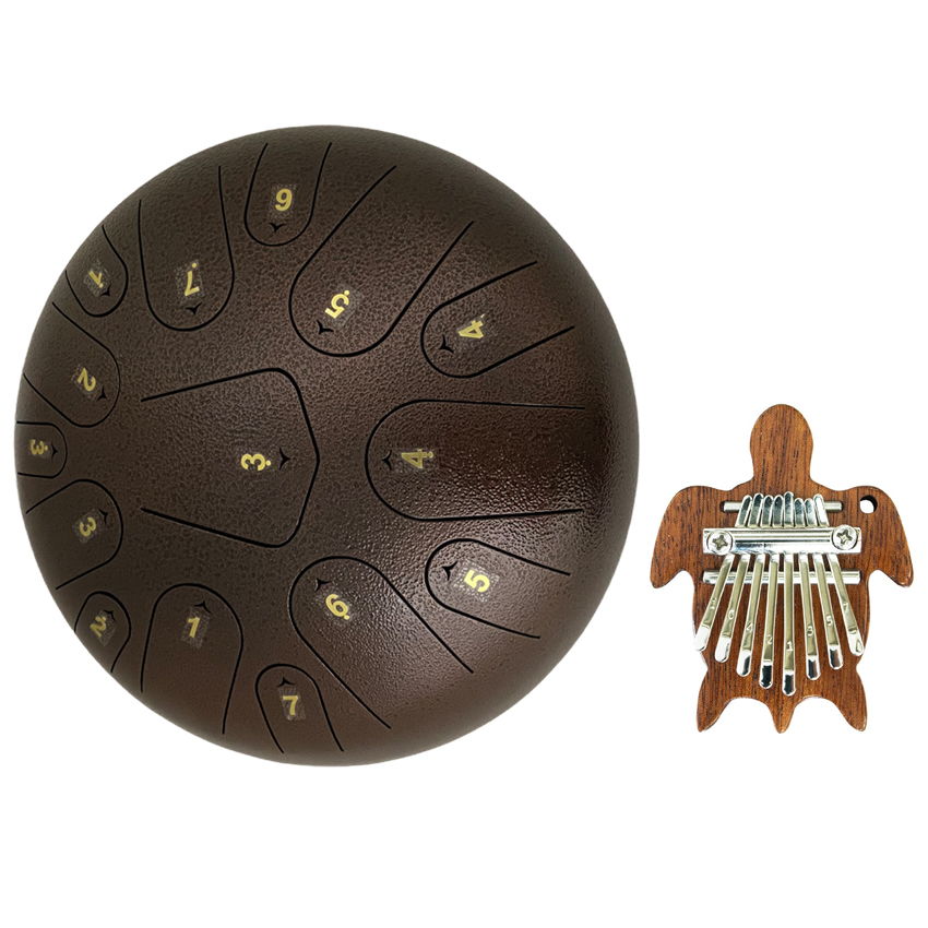 スリットドラム(スチールタングドラム)12インチ ブロンズ(ブラウン)&ミニカリンバ かめデザイン 癒しセット 楽器店販売