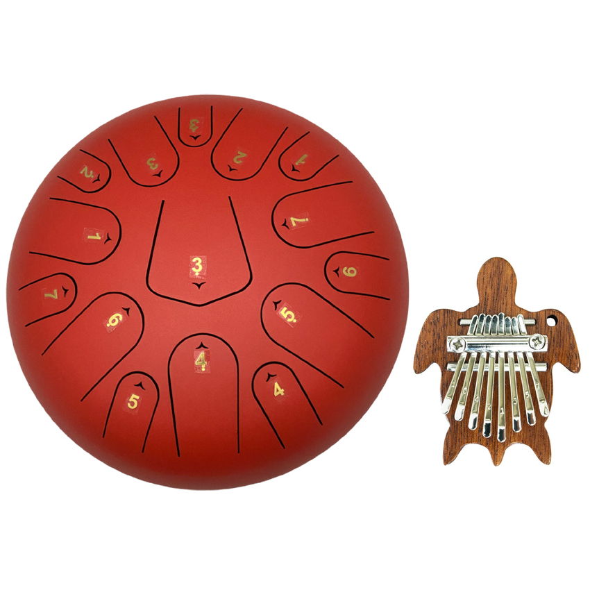 スリットドラム(スチールタングドラム)12インチ レッド&ミニカリンバ かめデザイン 癒しセット 楽器店販売