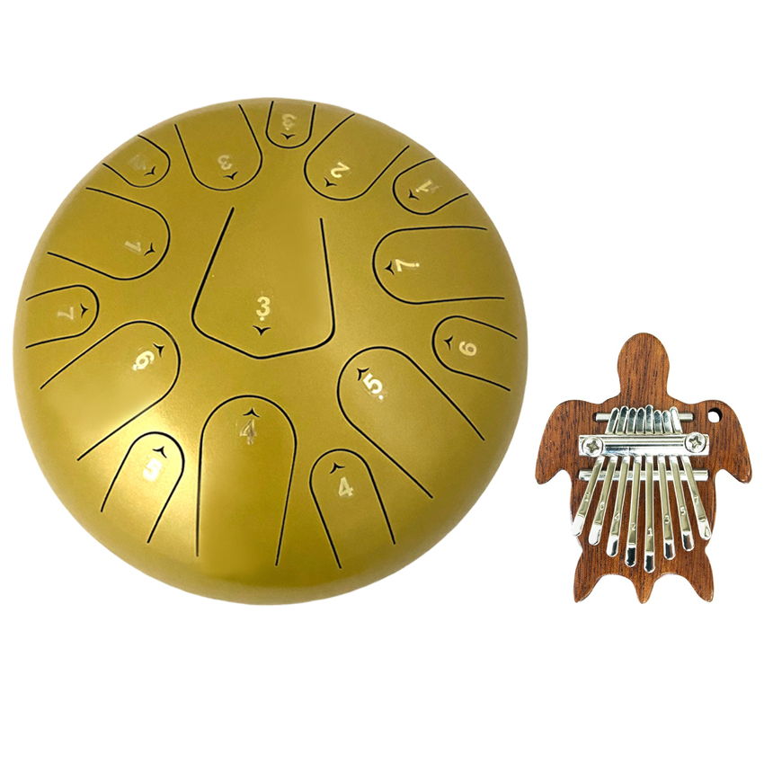 スリットドラム(スチールタングドラム)12インチ イエロー&ミニカリンバ かめデザイン 癒しセット 楽器店販売