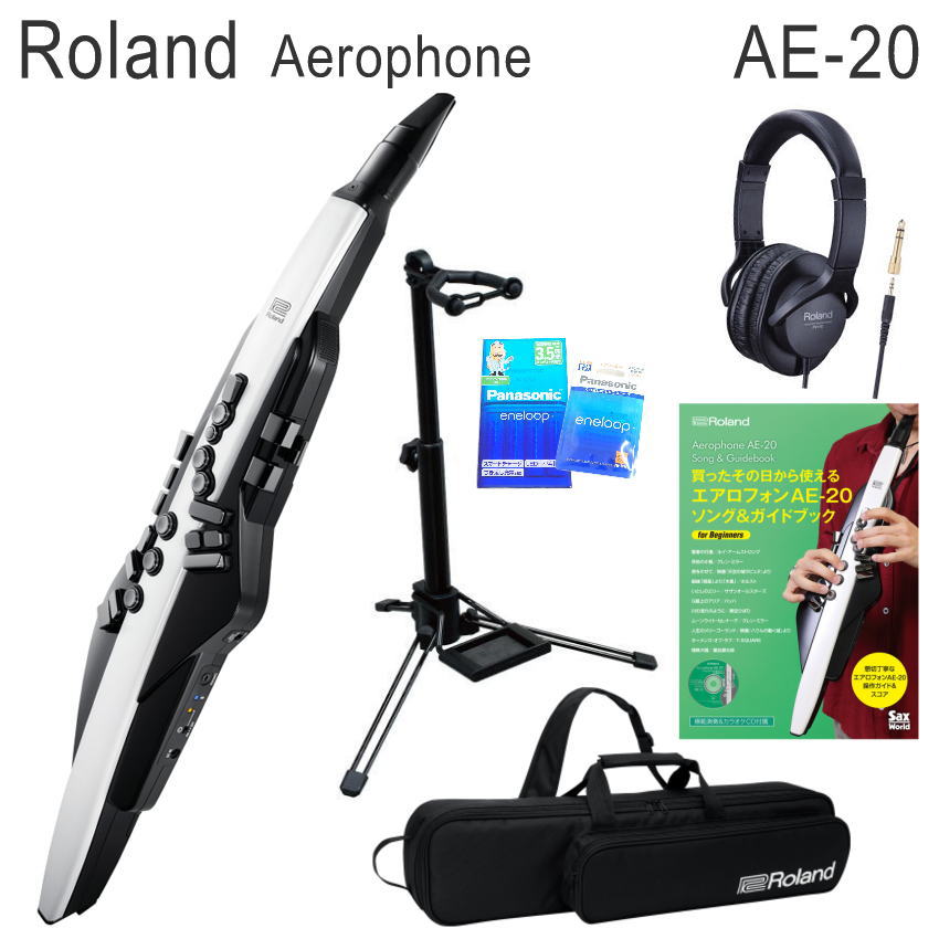 ●Aerophone(エアロフォン) エアロフォンはAE-01＞AE-05＞AE-10＞AE-30とグレードが上がっていきますが、そこへAE-20が新しく登場しました。 デジタル管楽器は、管楽器未経験者の方でも息を吹き込むだけで様々な楽器の音色を楽しむことが出来ますので、サックスに憧れていたけど難しいし…と思っていた方でも気軽に楽しんでいただくことが出来ます！ さらに、サックスだけでなく様々な楽器の音色や幅広い音域が楽しめますので、音域を気にせず色々な曲にチャレンジすることが出来ます。 また、ヘッドフォンに繋ぐことで、ご自宅でも周囲に気兼ねなく楽しむことが出来ますので、練習環境に悩まされていた管楽器経験者の方にもオススメです。 アプリを使用することで色々な楽しみ方も出来ますので、おうち時間が増えた今の時代にオススメの商品です！ 【主な仕様】 キー配列 サクソフォン互換キー配列 音源 SuperNATURALアコースティック ZEN-Core パート数 4パート（ドラムは1パート） プリセット・メモリー プリセット・シーン：265音色（Ver.1,01） ユーザー・メモリー ユーザー・シーン：600 フェイバリット・シーン：12 エフェクト マルチ・エフェクト コーラス ディレイ リバーブ コントローラー ブレス・センサー バイト・センサー 演奏キー オクターブ・キー サム・レバー S1/S2 ボタン SCENEボタン MENUボタン SCENE CATEGORYつまみ VOLUMEつまみ MIDI CONTROLスイッチ Bluetooth?標準規格Ver4.2 対応プロファイル：A2DP（オーディオ）、GATT（MIDI over Bluetooth Low Energy） 対応コーデック：SBC（SCMS-T方式によるコンテンツ保護に対応） ディスプレイ 有機ELディスプレイ　128×32ドット 接続端子 PHONES端子（ステレオ・ミニ・タイプ） OUTPUT端子（ステレオ標準タイプ） USB COMPUTER/MEMORY端子（USB Type-C（R）、AUDIO／MIDI） DC IN端子 記憶メディア USBメモリー（USB Type-C、別売） スピーカー・アンプ出力 1.5W×2 スピーカー 2.8cm×2 電源 ACアダプター（DC5.7V） ニッケル水素電池単3形（別売）×6 消費電流 900mA 連続使用時の電池の寿命 ニッケル水素電池：約6時間（容量1,900mAh使用時） ※マンガン乾電池、アルカリ乾電池は使用不可 付属品 取扱説明書 「安全上のご注意」チラシ 保証書 ACアダプター マウスピース・キャップ ネック・ストラップ バンド USBケーブル（USB Type-C - Type A） サム・フック・カバー（2タイプ） ウォーター・プロテクター 専用ハンド・キャリー・バッグ サイズ 幅：133mm、奥行き：84mm、高さ：632mm 質量 1.1kg セット品 充電器＆電池6本●Aerophone(エアロフォン) エアロフォンはAE-01＞AE-05＞AE-10＞AE-30とグレードが上がっていきますが、そこへAE-20が新しく登場しました。 デジタル管楽器は、管楽器未経験者の方でも息を吹き込むだけで様々な楽器の音色を楽しむことが出来ますので、サックスに憧れていたけど難しいし…と思っていた方でも気軽に楽しんでいただくことが出来ます！ さらに、サックスだけでなく様々な楽器の音色や幅広い音域が楽しめますので、音域を気にせず色々な曲にチャレンジすることが出来ます。 また、ヘッドフォンに繋ぐことで、ご自宅でも周囲に気兼ねなく楽しむことが出来ますので、練習環境に悩まされていた管楽器経験者の方にもオススメです。 アプリを使用することで色々な楽しみ方も出来ますので、おうち時間が増えた今の時代にオススメの商品です！ ●音楽の幅が広がる多彩な機能 豊かな表現力・サウンドが特長の革新的なデジタル管楽器です。 ソプラノ、アルト、テナー、バリトンのサックスに加えて、フルート、クラリネット、トランペットなどの木管/金管楽器、バイオリン、チェロなどの弦楽器、二胡や尺八、バグパイプなどの民族楽器、最新のシンセサイザー・サウンドも内蔵しています。 SuperNATURALテクノロジーによって、繊細なニュアンスをコントロールしながら、リアルなダイナミクス、アーティキュレーション、倍音の響きまでを再現し、音色切り替えひとつで、多彩な楽器の音色を奏でることができます。 さらに、マウスピースに備えたバイト／ブレス・センサーによって、自然なピッチ・コントロールやビブラートなどの表現まで可能です。 ボタンひとつで楽器にあわせた移調ができるだけでなく、サックス、リコーダー、クラリネット、フルートなどからお好きな運指の登録もできます。 従来のアコースティック楽器の音域以上の7オクターブまでの演奏もできるので、音楽の幅が広がります。 また、FANTOMやJUPITER-Xなどのシンセサイザーに搭載されている先進のサウンド・エンジン「ZEN-Core Synthesis System」を採用しています。 伝統的なアナログ・シンセサイザーから現代のデジタル・シンセサイザーまで、管楽器ならではのアーティキュレーションとダイナミック・レンジの広さを活かして、厳選された音色をお楽しみいただけます。 ●いつでもどこでも楽しめる！ 内蔵スピーカーで演奏したり、周りに配慮しながらヘッドホンで練習したり、アンプやPA機器に接続すれば大音量での演奏も可能です。 USB MIDIにも対応しているので、アプリと併用して音楽制作のコントローラーとしてもお使いいただけます。 いつでもどこでも演奏を楽しむことができ、さまざまな音楽シーンにも対応します。 ●オリジナル無料アプリ 「Aerophone Lesson」は、管楽器経験がない初めての方でも、すぐにエアロフォンの演奏にチャレンジできるアプリです。 エアロフォンの構え方からマウスピースのくわえ方などを、チュートリアル・ビデオを見て習得することができます。 指使いの確認や練習曲を吹いて採点する機能、Bluetoothオーディオ機能でモバイル機器の音楽をエアロフォンで再生するなど楽しく練習できます。 「Aerophone Pro Editor」では、サウンドやパフォーマンスの深いカスタマイズが可能です。 オリジナル音色やレイヤー・サウンドを作成してシーンとして登録すれば、ワンタッチで呼び出すことができます。 また、さまざまなパラメーターを割り当てて、より深い表現ができるよう設定したり、モバイル機器やお気に入りのストレージに音色シーンのグループを保存したりすることも可能です。 他にも、Roland Cloudで、管楽器のエキスパートが制作したサウンド・パックをダウンロードしたり、ZenbeatsやZentrackerのアプリで曲作りを楽しんだりすることができます。 シンセサイザーやリズム楽器のソフトウェア版などもご用意しております。 【主な仕様】 キー配列 サクソフォン互換キー配列 音源 SuperNATURALアコースティック ZEN-Core パート数 4パート（ドラムは1パート） プリセット・メモリー プリセット・シーン：265音色（Ver.1,01） ユーザー・メモリー ユーザー・シーン：600 フェイバリット・シーン：12 エフェクト マルチ・エフェクト コーラス ディレイ リバーブ コントローラー ブレス・センサー バイト・センサー 演奏キー オクターブ・キー サム・レバー S1/S2 ボタン SCENEボタン MENUボタン SCENE CATEGORYつまみ VOLUMEつまみ MIDI CONTROLスイッチ Bluetooth?標準規格Ver4.2 対応プロファイル：A2DP（オーディオ）、GATT（MIDI over Bluetooth Low Energy） 対応コーデック：SBC（SCMS-T方式によるコンテンツ保護に対応） ディスプレイ 有機ELディスプレイ　128×32ドット 接続端子 PHONES端子（ステレオ・ミニ・タイプ） OUTPUT端子（ステレオ標準タイプ） USB COMPUTER/MEMORY端子（USB Type-C（R）、AUDIO／MIDI） DC IN端子 記憶メディア USBメモリー（USB Type-C、別売） スピーカー・アンプ出力 1.5W×2 スピーカー 2.8cm×2 電源 ACアダプター（DC5.7V） ニッケル水素電池単3形（別売）×6 消費電流 900mA 連続使用時の電池の寿命 ニッケル水素電池：約6時間（容量1,900mAh使用時） ※マンガン乾電池、アルカリ乾電池は使用不可 付属品 取扱説明書 「安全上のご注意」チラシ 保証書 ACアダプター マウスピース・キャップ ネック・ストラップ バンド USBケーブル（USB Type-C - Type A） サム・フック・カバー（2タイプ） ウォーター・プロテクター 専用ハンド・キャリー・バッグ サイズ 幅：133mm、奥行き：84mm、高さ：632mm 質量 1.1kg セット品 充電器＆電池6本