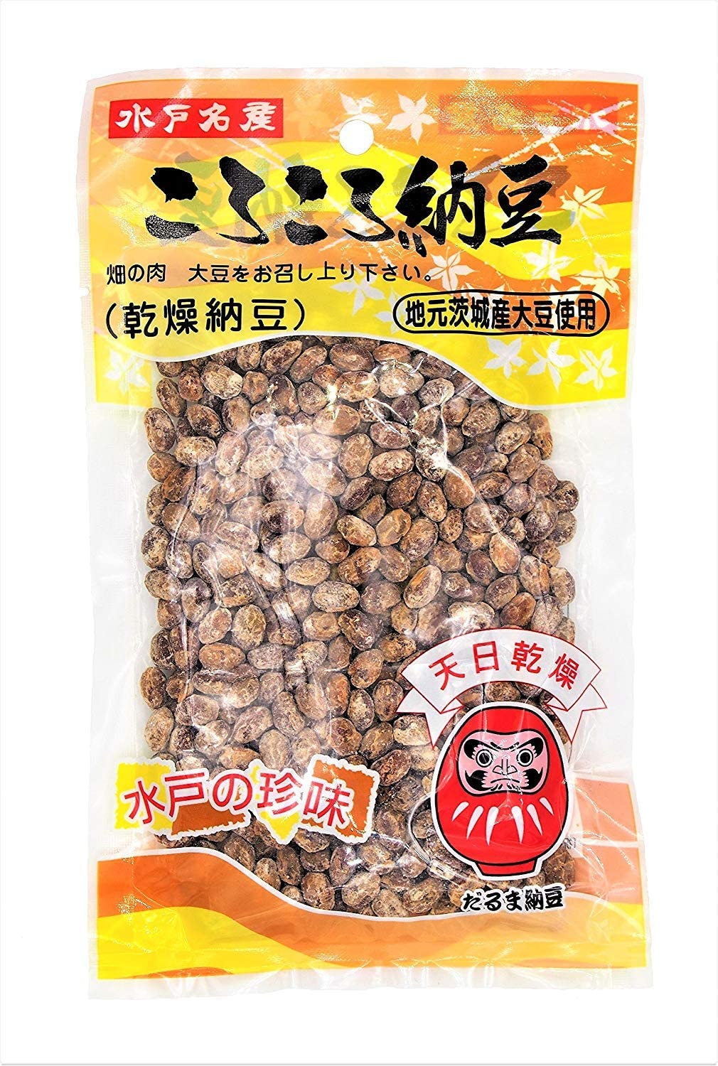 茨城県、水戸名産の干し納豆です。こだわりの茨城県産中粒大豆で作った納豆に水戸の老舗「だるま食品」の秘伝の調味をして干し上げた、郷土の自慢の味です。お酒やお茶のおつまみとしてどうぞ。本品はお試し頂きやすい単品販売になります。 本品は納豆を天日干しして乾燥させた、伝統的な保存食です。（油で揚げたスナックタイプの「ドライ納豆」や「プチポリ納豆」とは食感、味、香り全てが異なりますので、そちらの類似品をお求めの方はご注意下さい。） こだわりの茨城県産大豆を使用しております。遺伝子組み換え大豆は使用しておりません。 【原材料】茨城県産大豆(遺伝子組換えでない)、食塩、かたくり粉(でんぷん)、納豆菌、調味料(アミノ酸等)茨城県、水戸名産の干し納豆です。こだわりの茨城県産中粒大豆で作った納豆に水戸の老舗「だるま食品」の秘伝の調味をして干し上げた、郷土の自慢の味です。