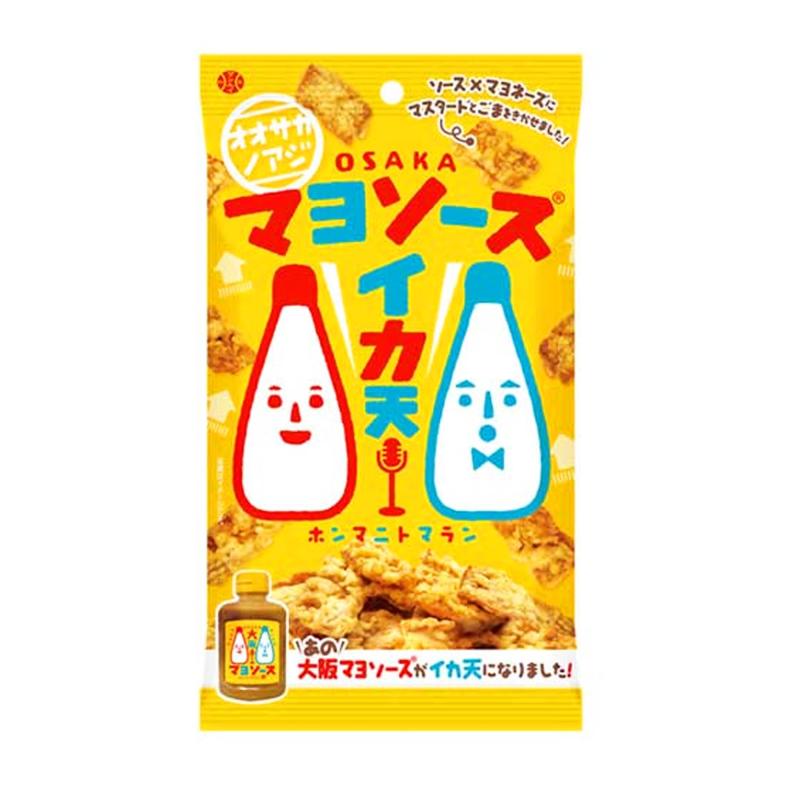 原材料 小麦粉、植物油脂、でん粉、するめ(いかを含む)、ごまマスタードソースシーズニング(油脂調節粉末(乳成分を含む)、砂糖、食塩、粉末ソース、チキンエキスパウダー(大豆・豚肉を含む)、たんぱく加水分解物、粉末しょうゆ、マヨネーズ風味パウダー、酵母エキスパウダー、ごま、マスタードパウダー)、食塩、卵白(卵を含む)、ごま、酵母エキスパウダー/調味料(アミノ酸等)、香料(りんご由来)、甘味料(ステビア)、酸味料、香辛料抽出物、着色料(カラメル色素、ウコン色素、カロテノイド色素)、乳化剤