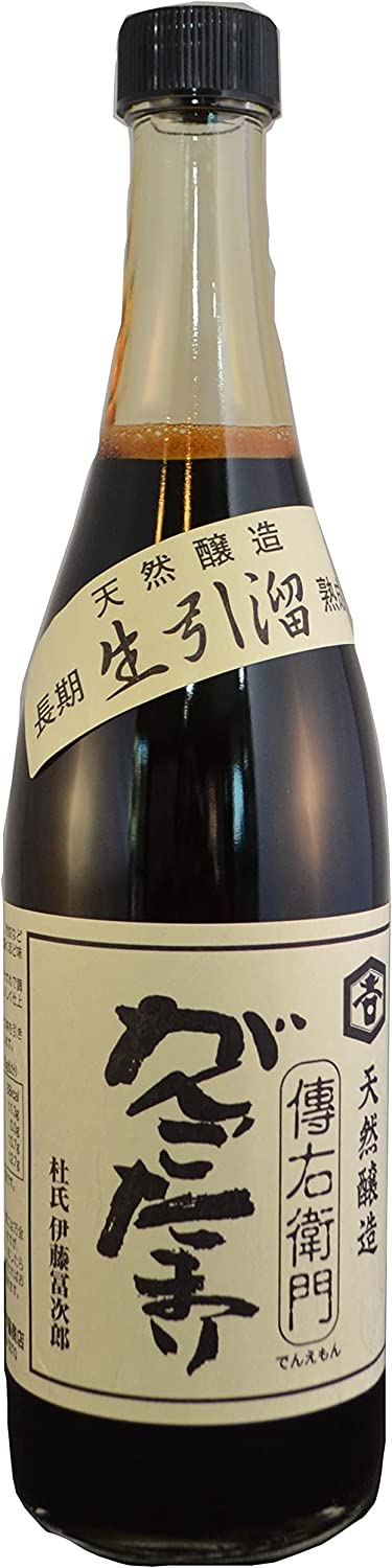 商品紹介 国産大豆と天日塩を使い、杉桶に仕込み、石を積んで三年ねかせてしっかり熟成させました。 よい麹菌をつけるために室を清潔に保ち適正温度を保つのに努力し、 自然の熟成からつくりだされた旨味が多く含まれています。 小麦の入った醤油に比べて、このたまりは大豆のみで作られているので、深い旨味とコクがあります。 コクがあるのにさらりとした舌触りとキレのいい味は甘味料、保存料等一切入っていない搾りたてそのままの商品です。 原材料・成分 大豆（国産）（分別生産流通管理済）、食塩熟成期間三年の味噌・溜『傳右衛門』 かつて町全体に50軒もの醸造蔵があったほど 味噌・溜造りが非常に盛んな町、愛知県武豊町（たけとよちょう）で、 二百年物の杉桶を使い味噌と溜（たまり）を天然醸造しております。