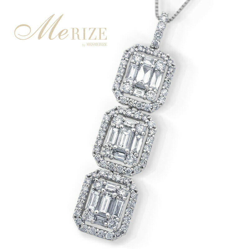 樂天商城 - 天然 大粒 ダイヤ 1.0ct パヴェ ネックレス プラチナ pt900 K18 ゴールド各色 3連 四角 ライン バー ペンダント 18金 18K ホワイト イエロー ピンク YG WG PG バケットカット ＆ ラウンド コンビ ダイヤモンド 1カラット ベネチアンチェーン 45cm 4月誕生石 品質保証書付
