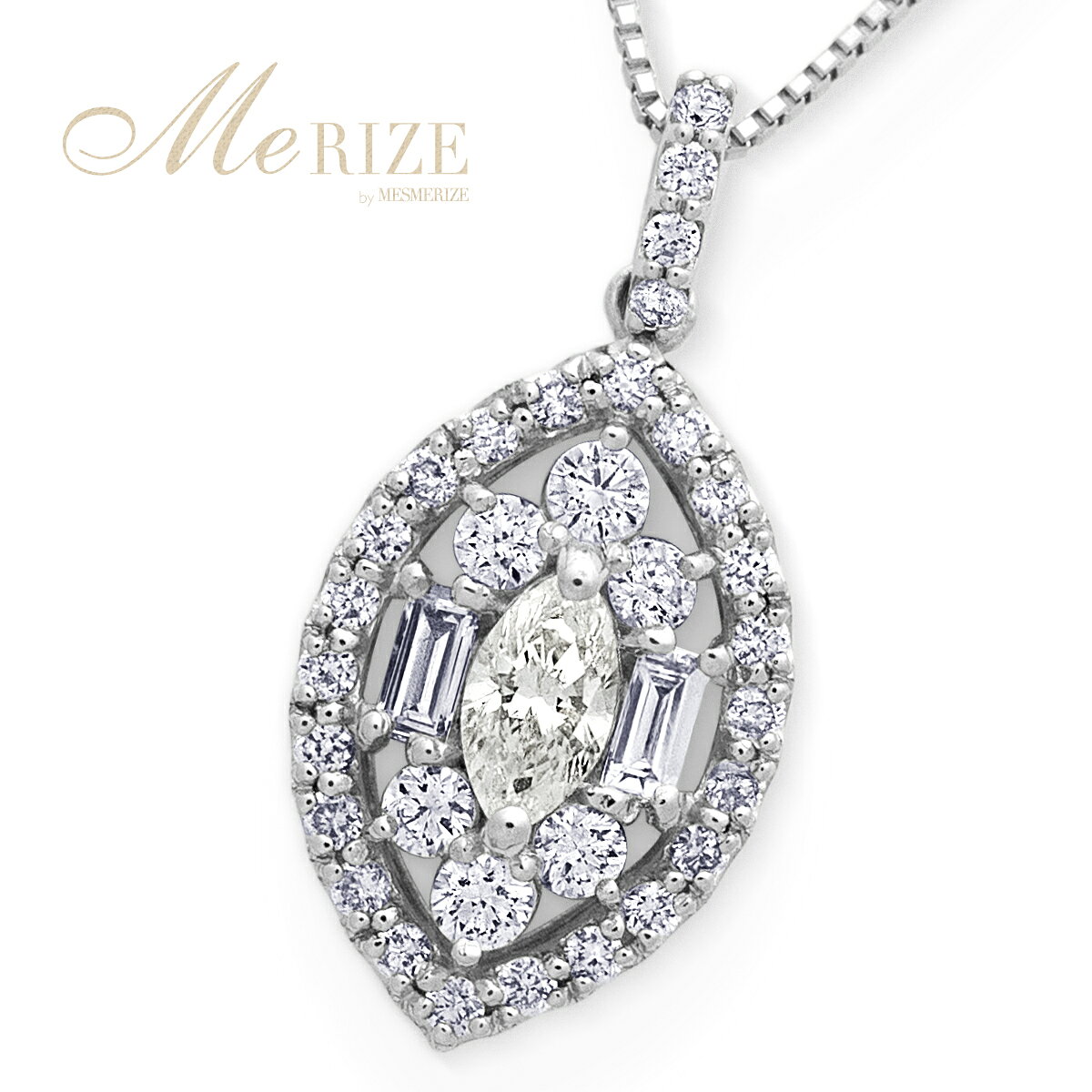 樂天商城 - 天然ダイヤモンド 0.45ct マーキス シェイプ パヴェ ネックレス バケットカット, ラウンド ミックスカット プラチナ pt900 K18 ゴールド各色 （WG/YG/PG）花 ペンダント ダイヤ 0.45カラット 18金 ベネチアンチェーン 45cm 4月誕生石 ブライダル 品質保証書付