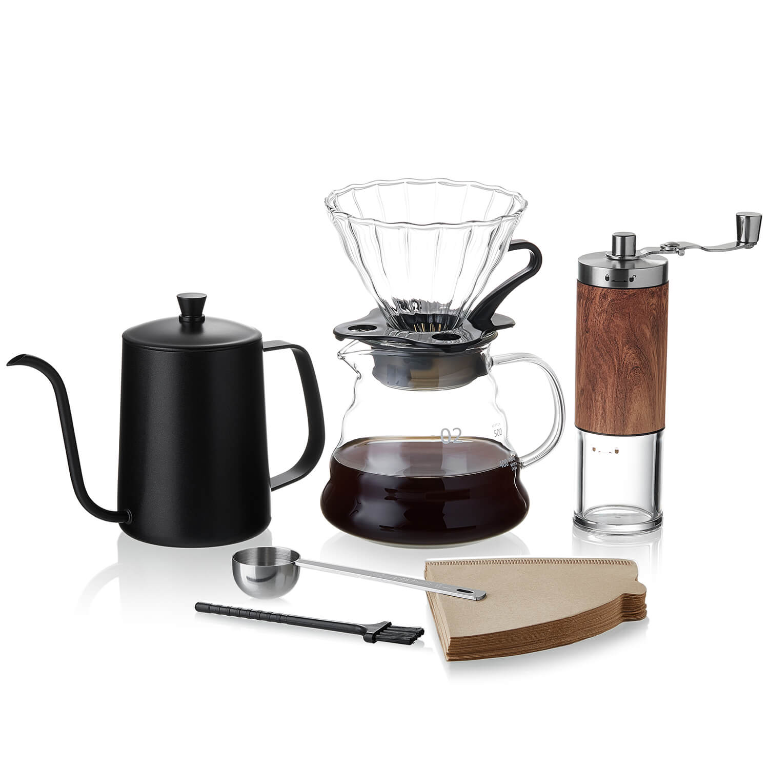 ポカロティー コーヒーセット 手挽きコーヒーミル 手動 計量スプーン コーヒーサーバー ドリッパー ドリップケトル v60 ペーパーフィルター 40枚 ハンドドリップ 6セット コーヒー ドリップ セット 自宅 アウトドア プロ仕様 手淹れコーヒー