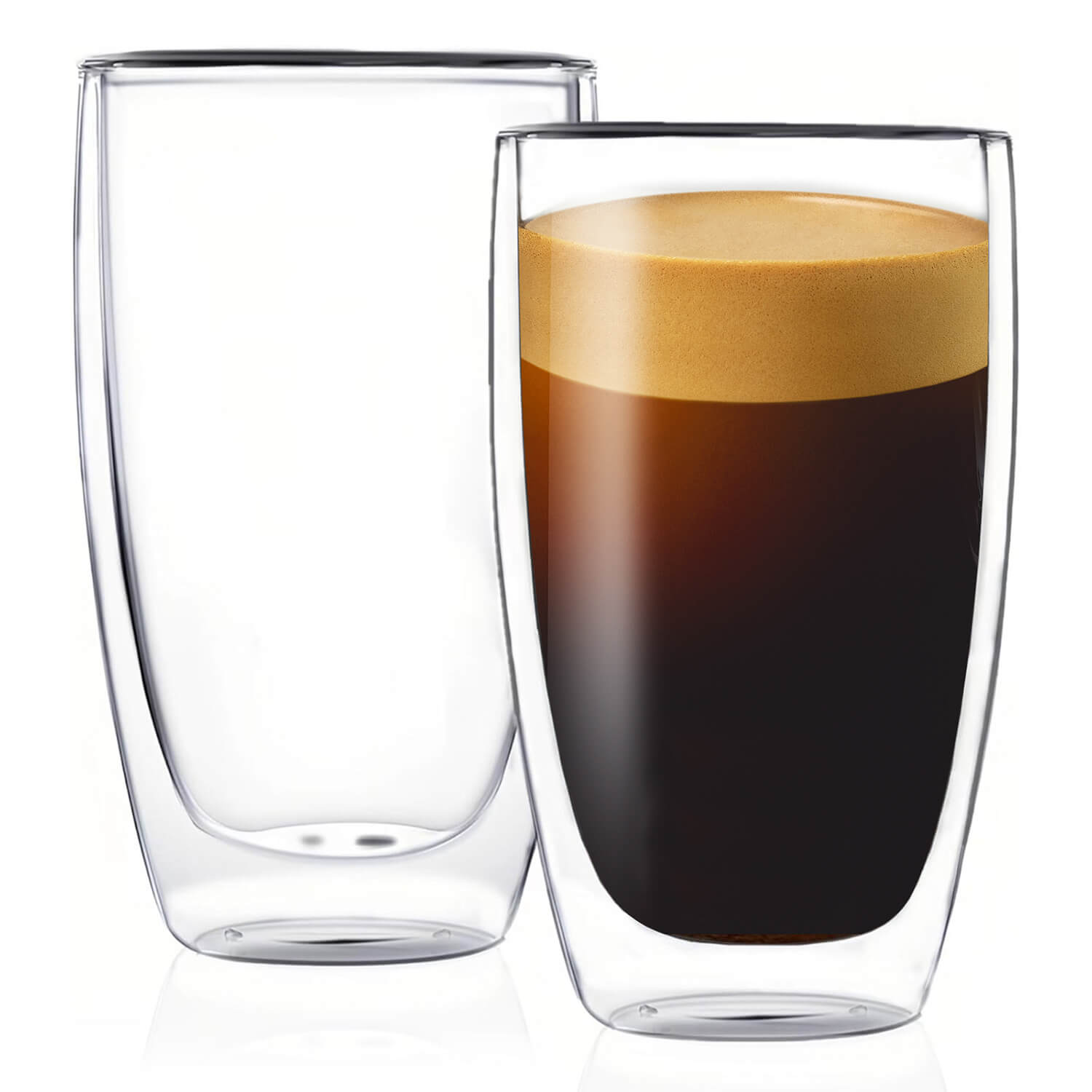 ポカロティー コップ 耐熱ガラス 二層構造 2個セット 先細り底 満水容量480ml ダブルウォール ペア 二重グラス 結露しにくい 断熱 熱湯可 保温 保冷 耐熱温度差170℃ ガラスカップ おしゃれ 取手なし 省スペース アイスコーヒー ラテ 紅茶 炭酸飲料 レモンウォーター ビール