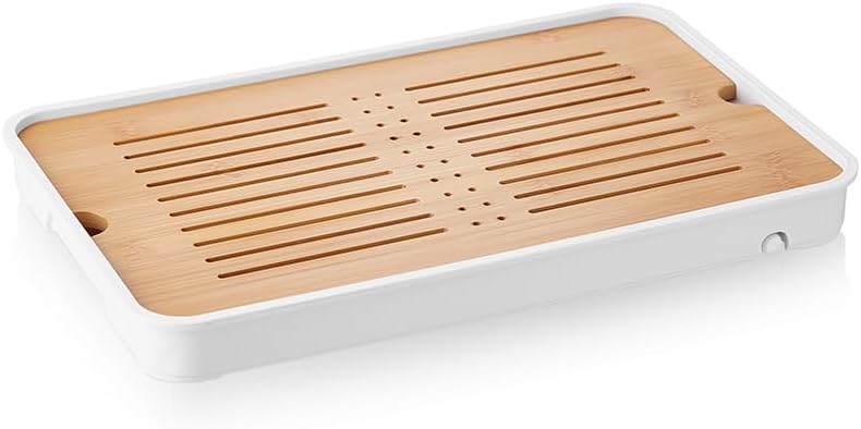 POKALOTEA 竹製茶盤 大判 37.3×24×3.6cm 貯水・排水両用 取り外し式 排水口付き 中...