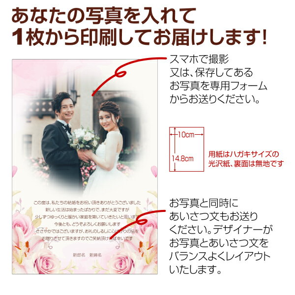 【あなたの写真とあいさつ文を入れて1枚から印刷OK！】 写真入り オリジナル メッセージカード 結婚報告 結婚内祝い 出産内祝い 快気内祝い お祝い お返し おしゃれな 挨拶状 ポストカード はがき ハガキ 葉書 グリーティングカード