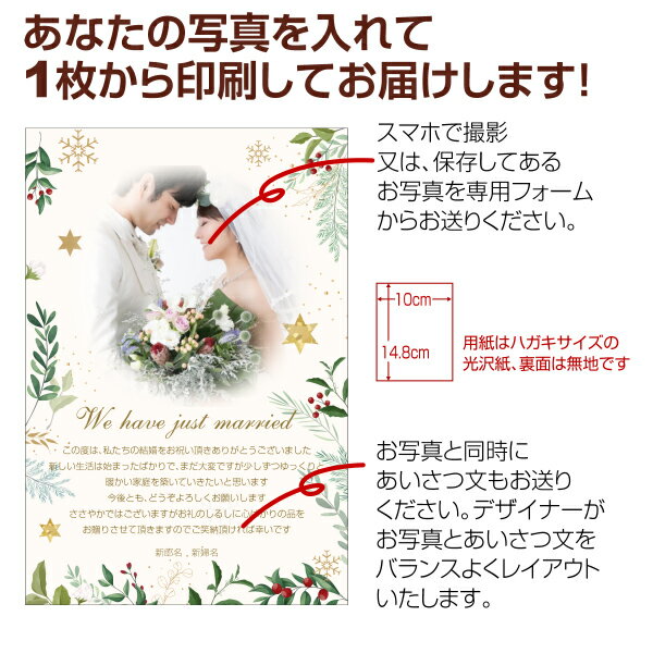 【あなたの写真とあいさつ文を入れて1枚から印刷OK！】 写真入り オリジナル メッセージカード 結婚報告 結婚内祝い 出産内祝い 快気内祝い お祝い お返し おしゃれな 挨拶状 ポストカード はがき ハガキ 葉書 グリーティングカード