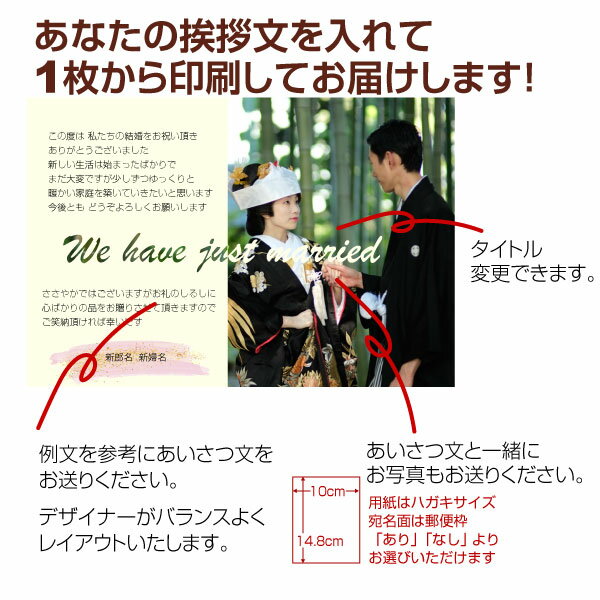 【あなたの写真とあいさつ文を入れて1枚から印刷OK！】 写真入り オリジナル メッセージカード 結婚報告 結婚内祝い 出産内祝い 快気内祝い お祝い お返し おしゃれな 挨拶状 結婚式 招待状 ポストカード はがき ハガキ 葉書 グリーティングカード