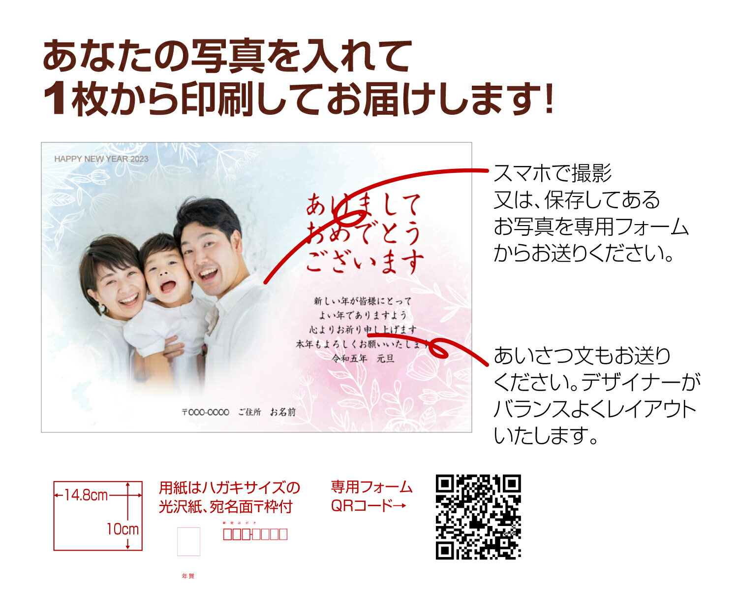 【あなたの写真とあいさつ文を入れて1枚から印刷OK！】 写真入り 年賀状 新年 挨拶状 年賀はがき おしゃれ 正月 差出人印刷有 オリジナル メッセージカード 2023年 令和五年通販　年賀状印刷　年賀状作成ソフト　セール