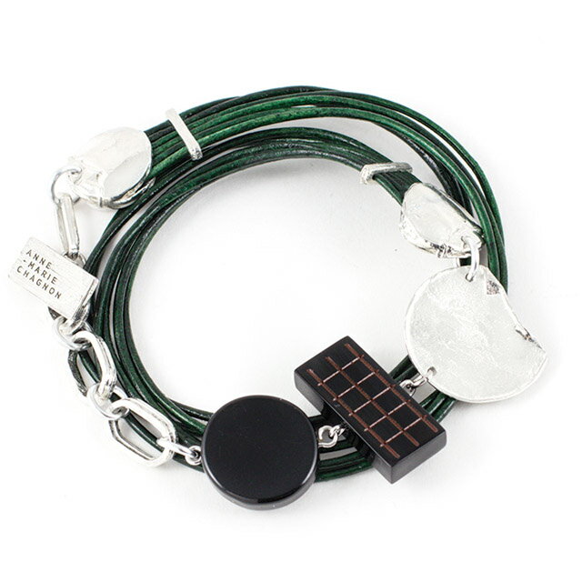 個性的 な アンマリーシャニョン デザイン グリーン レザー ベルト ブレスレット シルバー メタリック + ブラック レジン バングル 金属アレルギー を起こしにくい素材でお肌に やさしい レディース インポート アクセサリー ブランド 革 緑 銀 黒 Vibration 19 コレクション