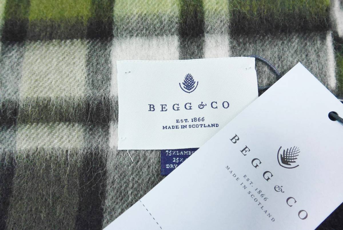 【新品】BEGG&CO ベグ＆コーアンゴラ混 ウール マフラー 黒 オリーブ 白 タータンチェック 緑 ブラック