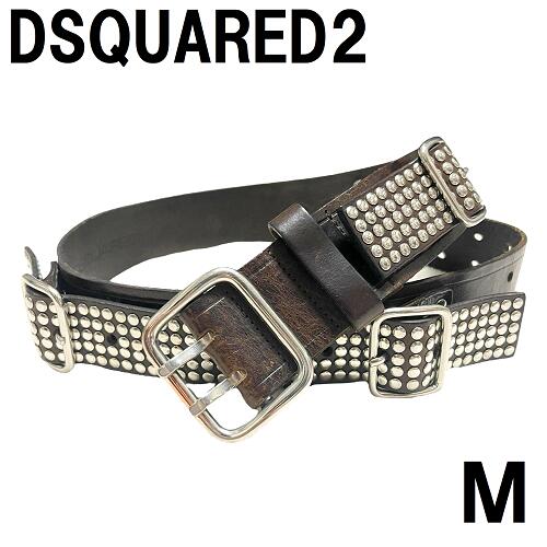 【イタリア製】DSQUARED2 ダブルピンベルト M スタッズ ワイド 焦げ茶 ダークブラウン / ディースク D2