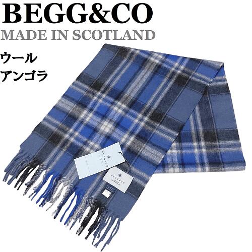 BEGG&CO マフラー ♂♀【未使用◆英国名門】Begg&Co アンゴラ混 ウール マフラー タータンチェック 青 ブルーグレー 黒 白 ベグアンドコー ユニセックス