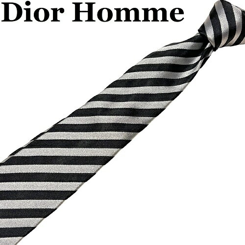 ディオール ネクタイ 【イタリア製】Dior Homme ディオールオム ネクタイ ブラック シルバー 黒 銀 レジメンタル ストライプ
