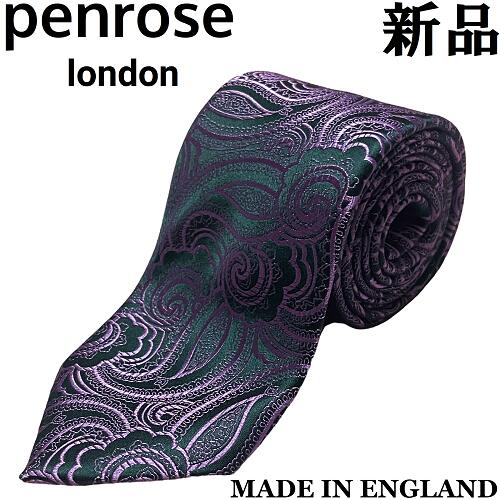 【未使用◆英国製◆リッチな光沢感】Penrose ペンローズ シルク ネクタイ ペイズリー 花柄 ダークグリーン ライトパープル 深緑 薄紫　14