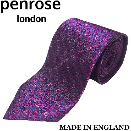 【未使用◆英国製◆リッチな光沢感】Penrose ペンローズ シルク ネクタイ パープル ネイビー サックスブルー 紫 紺 青 花モチーフ 23