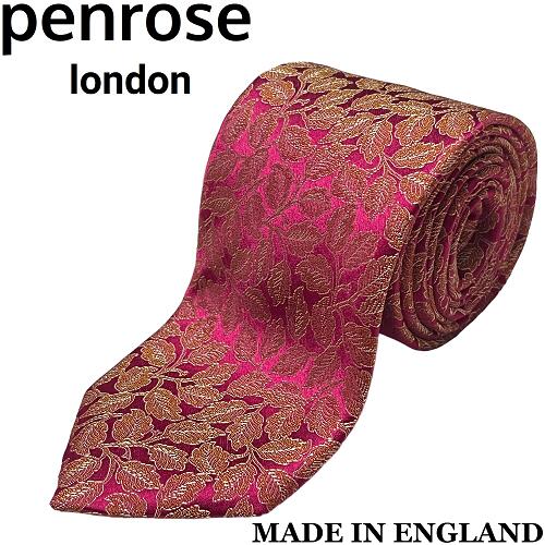 【未使用◆英国製◆リッチな光沢感】Penrose ペンローズ シルク ネクタイ リーフ柄 ヴィヴィッドピンク系 ゴールド系 金 29