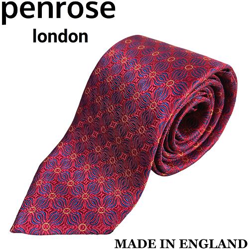 【未使用◆英国製◆リッチな光沢感】Penrose ペンローズ シルク ネクタイ 花モチーフ ダークレッド（ニュアンスパープル） ネイビー ゴールド 赤 紫 紺 金　35