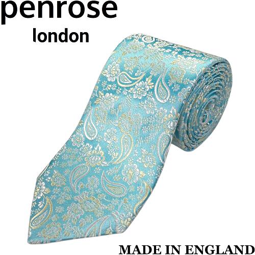 【新品／未使用】イギリス製Penrose london　ペンローズ ロンドンシルク ネクタイ　ペイズリー花柄 総柄明るい緑青系　ホリゾンブルー系　PN122シャルトルーズグリーン シルバー系リッチな光沢感