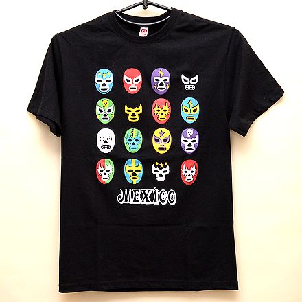 送料無料【メキシコ プロレス Tシャツ (M)：エル サントとブルー デモンと】メンズ 半袖 tシャツ ルチャリブレ tシャツ マスクマン tシャツ ブラック 大きめのサムネイル