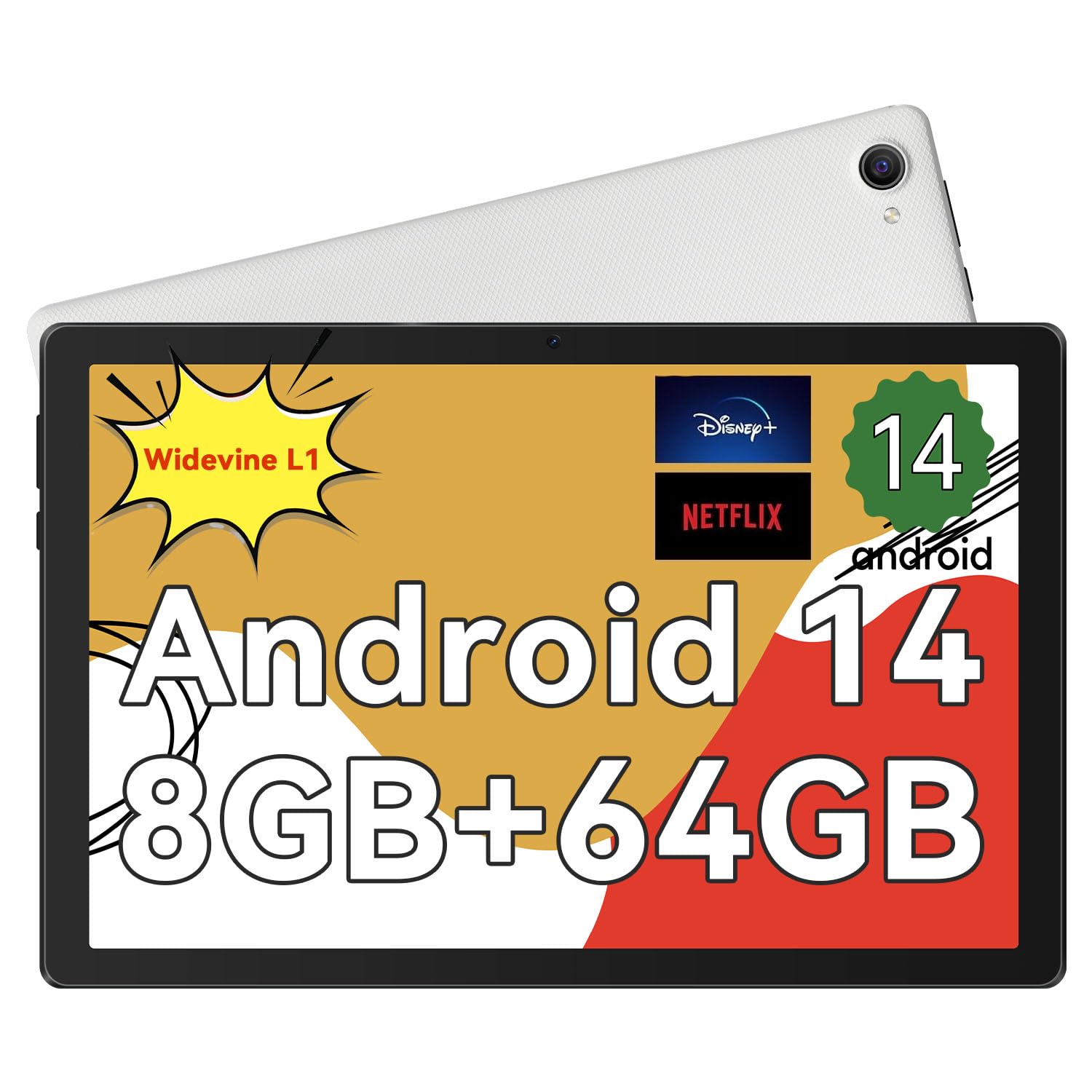 【Android 14 タブレット 】 タブレット 10インチ wi-fiモデル 8GB+64GB+1TB拡張、アンドロイド14タブレット 8コアCPU 1.8Ghz+GMS認証+WiFi 6+BT5.3+5000mAh+USB-C+Type-Cヘッドフォンジャック+1280*800 IPS OTG/無線投影/顔認識/オンライン授業