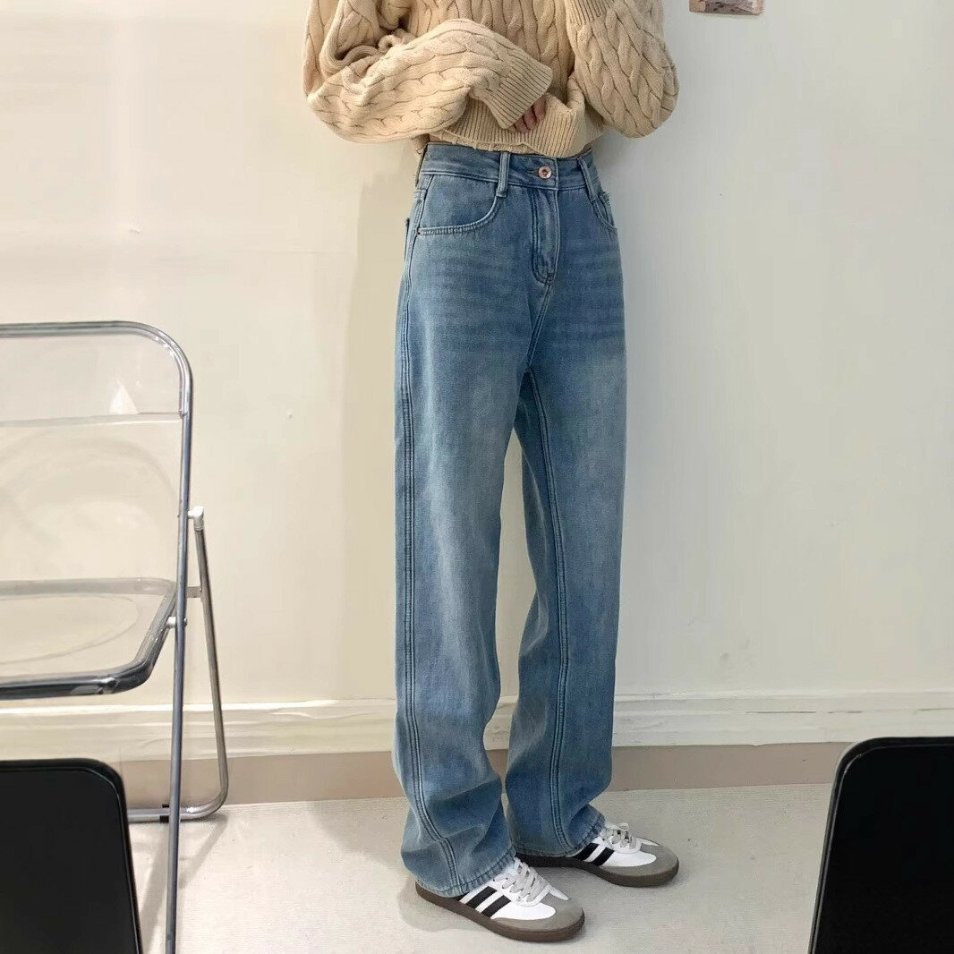 デニムパンツジーパン暖パンレディース裏起毛ジーンズワイドパンツゆったりワイドストレートハイウエストパンツ裏ボアフリース起毛ストレートパンツ暖かいストレートレッグジーンズルーズ裏フリース防寒保温あったかジーパンボトムス秋冬