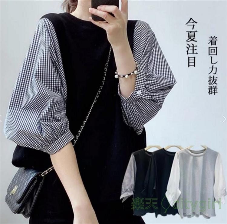 Tシャツレディーストップス七分袖切り替えゆったりパフスリーブ可愛いフェイク春物夏服カットソーブラウス20代30代40代オフィスシンプル