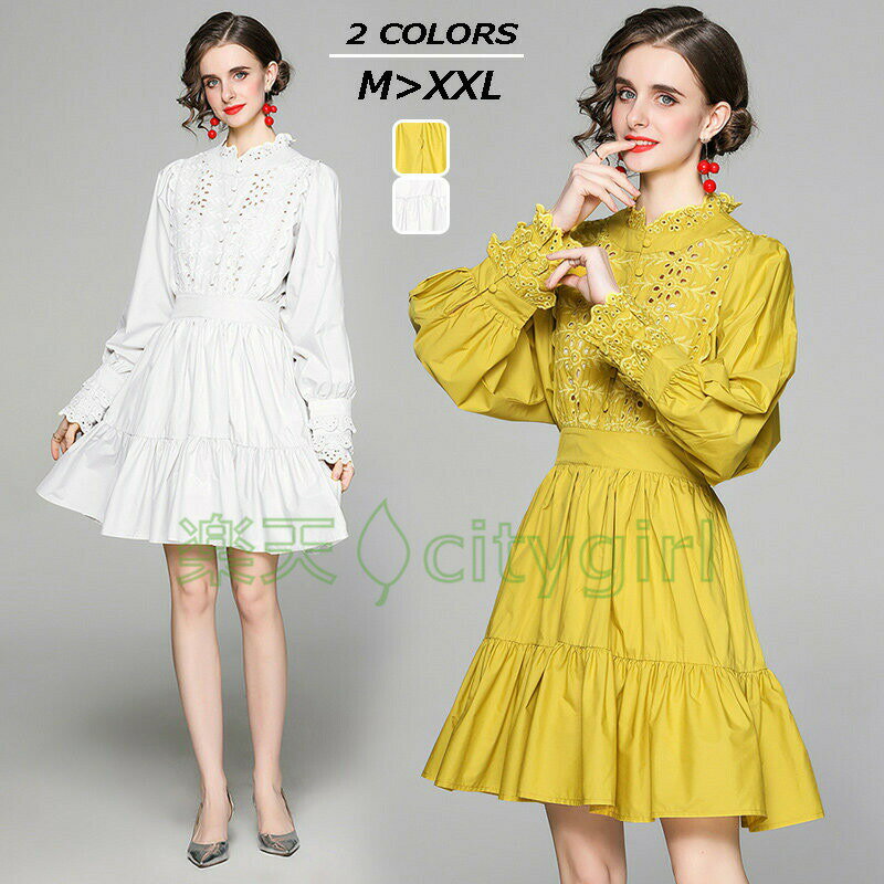 レディース刺繍ワンピースシンプル長袖ワンマイルウェアパフスリーブ人気綿きれいめ発表会上品エレガント大きいサイズおしゃれオトナ女子脚長効果体型カバーファッションミセス