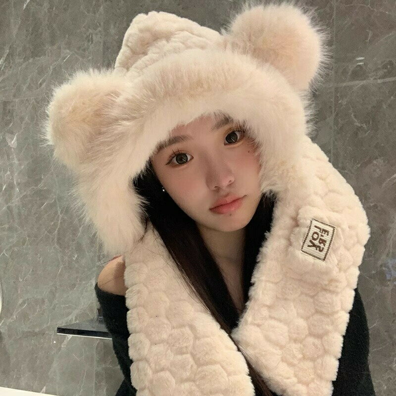 帽子2waysパイロットキャップマフラー付き被り物女の子レディース熊耳クマふわふわもこもこかわいいお..