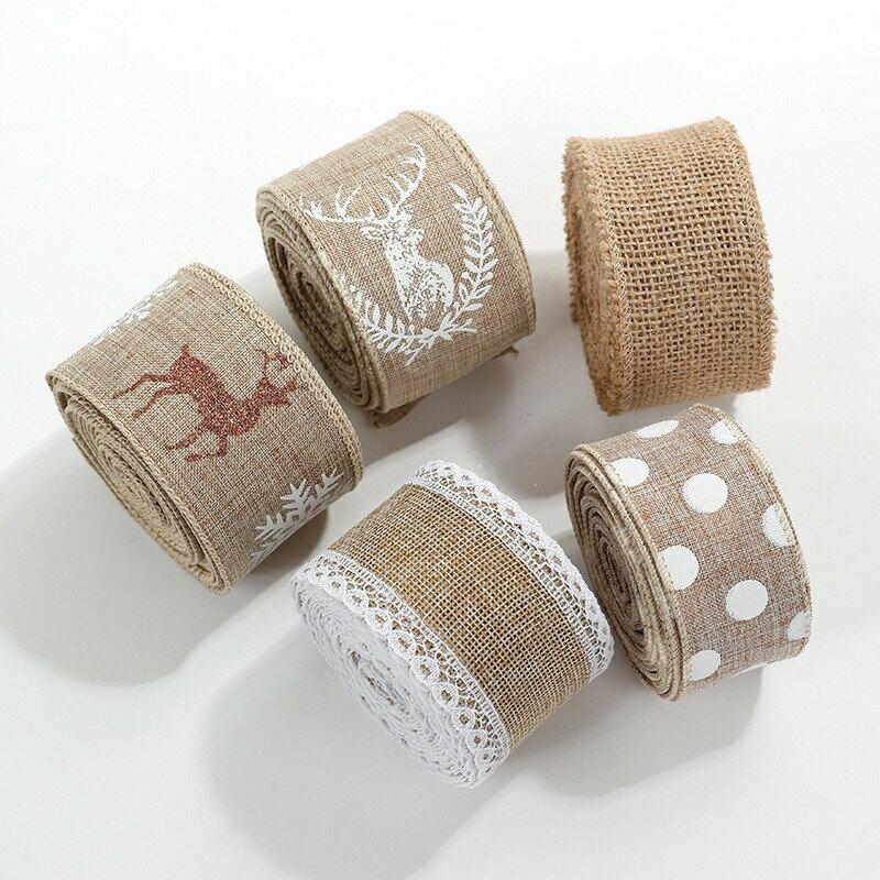 2m*2巻クリスマスリボンテープクリスマスツリー飾りナチュラルカーキ水玉柄麻風??リネン風ラッピング飾..