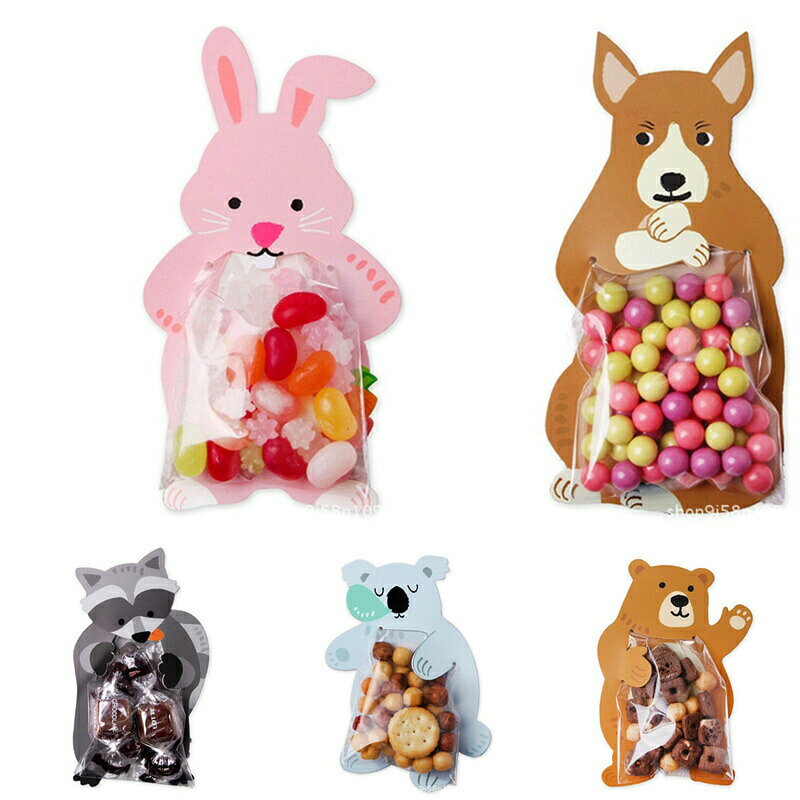 50枚セットクリスマス透明粘着テープ付き?キャンディーバッグ動物カード付き小分け袋?焼き菓子袋食品対..