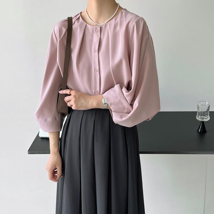 ブラウストップス7分袖シャツパフスリーブレディースフォーマルブラウス通勤olオフィススタイルボタンanytime