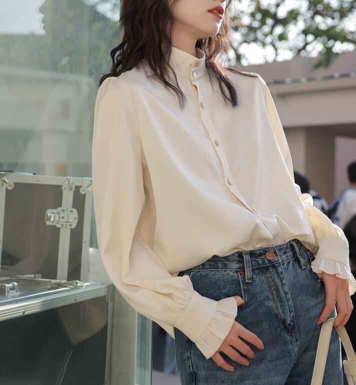 ブラウス長袖シャツフリル立ち襟トップス長袖パフスリーブ無地レディース通勤olanytime