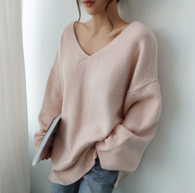 ニットセーターvネックセーターニットレディーストップス長袖シンプルプルオーバーセーターゆったり無地カジュアル秋服秋物体型カバーanytime