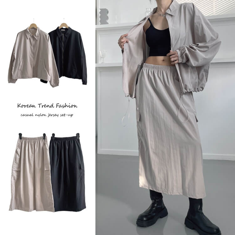 セットアップレディース韓国ウインドブレーカージャケットスカートツーピースジップアップナイロンアウ..