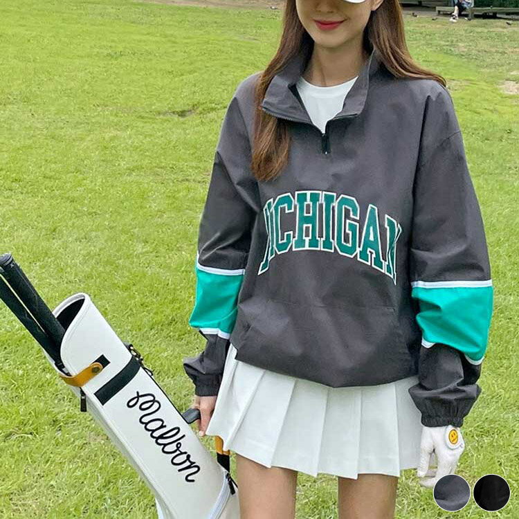ゴルフウェアレディース韓国ハーフジップロゴ秋春ジップアップトップス長袖バイカラーおしゃれブラック..