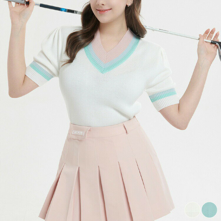 ゴルフウェアトップスレディース韓国半袖Vネックニットストレッチ配色ラインかわいいピンクブルー夏春..