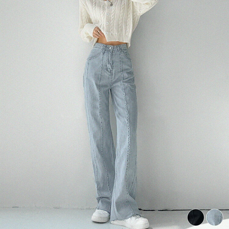 デニムレディースロング切りっぱなし韓国ダメージステッチゆったりワイドロングパンツワイドパンツカジ..