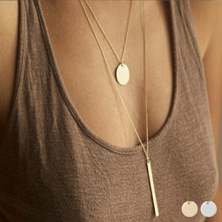 ネックレスレディース二連ショートロングチェーンメッキプレートサークルバーアクセサリーかっこいいお..