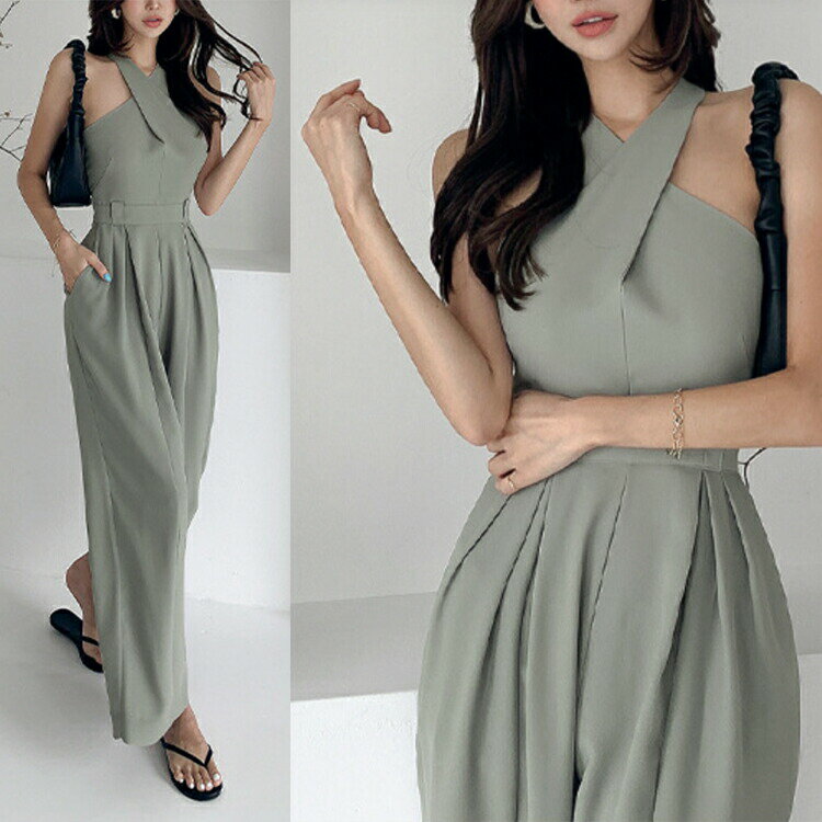 サロペットレディースオールインワンワイドパンツノースリーブホルターネックロングパンツおしゃれエレガントレトロストレートパンツハイウエスト